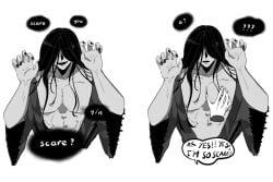 black_hair black_nails blush_lines confusion grey_skin grey_skin homicipher horror long_hair long_hair_male monster mr.crawling muscular muscular_male open_clothes open_robe pec_grab pec_grasp pec_squeeze pecs teratophilia torn_clothes torn_sleeves y/n