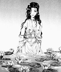 bindi bracelet breasts choker flower jewelry kanzeon_bosatsu kazuya_minekura lily_(flower) lily_pad long_hair monochrome saiyuki see-through very_long_hair water