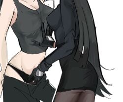 2girls bare_shoulders black_gloves black_hair black_panties black_pants black_pantyhose black_shirt black_skirt black_tank_top breasts clothes_pull commentary edelyth english_commentary fingering fingering_through_clothes fingering_through_panties gloves hand_on_another's_stomach hoshimi_miyabi long_hair long_sleeves medium_breasts multiple_girls panties pants pants_pull pantyhose pencil_skirt shirt simple_background skirt tank_top through_clothes underwear unfinished white_background yuri zenless_zone_zero zhu_yuan