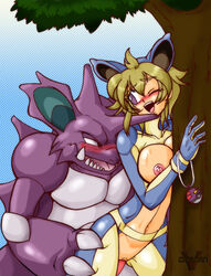 against_tree blush breasts cosplay duo fangs female feral from_behind human human_on_feral interspecies male mammal nidoking nidoqueen_(cosplay) nintendo nipples one_eye_closed open_mouth outdoors outside pattern_background penetration penis poke_ball pokemon pokemon_(cosplay) pokemon_(species) sex straight sweat tree vaginal_penetration vcampan video_games