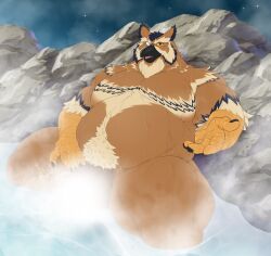 anthro avian belly bird censored censored_balls censored_genitalia censored_penis extending_hand eye_scar facial_scar great_horned_owl horned_owl hot_spring looking_at_viewer lox_oleum male naturally_censored night owl pubes reaching_towards_viewer rock scar sitting_in_water solo star steam taighet_28 true_owl water