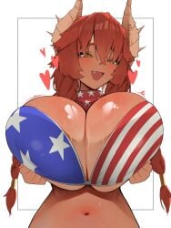 big_breasts breasts cleavage dragon_girl dragon_horns flag_bikini flag_print gigantic_breasts huge_breasts mkozopen red_hair virtual_youtuber vshojo yellow_eyes zentreya