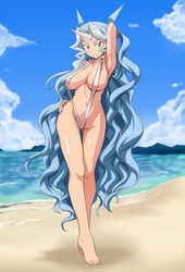 1girls beach beige_skin blue_hair breasts cleavage cloyster_(cosplay) color cosplay day female female_only front_view hair hand_on_hip hips horns human human_only humanized jouwan karen_(pokemon) long_hair nintendo outdoors pokemon pokemon_(cosplay) pose red_eyes seaside sky sling_bikini solo solo_female standing swimsuit thigh_gap thighs very_long_hair wavy_hair