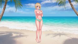 2023 beach big_breasts blonde_hair blue_eyes blush breasts clouds female game_cg hentai_world_(reddeer_games) human nanami_(hentai_world) nipples official_art palm_tree panties reddeer_games sand short_hair sky standing tagme trees water