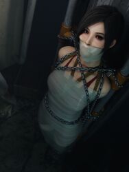 3d ada_wong asian_female black_hair bound_to_pole chained eyelashes eyeliner immobilization ironlawbringer kidnapped looking_at_captor looking_at_viewer makeup mummification peril resident_evil short_hair stuffed_mouth_gag tagme tape_bondage tape_gag taped taped_mouth