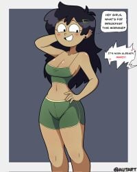 aged_up amphibia amphibia_(finale) amphibia_(series) autart big_breasts blush breasts brown_hair cleavage clothed dark-skinned_female dark_skin disney female female_only human marcy_wu solo solo_female