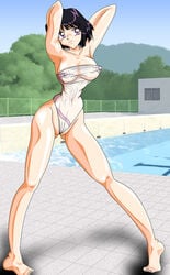 arms_up bikabika bishoujo_senshi_sailor_moon female female_only hotaru_tomoe large_breasts one-piece_swimsuit pool purple_eyes purple_hair see-through see-through_swimsuit short_hair solo swimsuit tagme