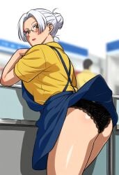 ai_generated apron_lift black_panties blue_apron emotionless emotionless_female glasses imminent_sex indifference indifferent lace_panties novelai panties rule_63 sakamoto_days shiny_skin skirt skirt_lift taro_sakamoto taro_sakamoto unamused unbothered uncaring white_hair yellow_shirt