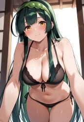 1girls ahoge ai_generated black_bra black_panties blush bra breasts collarbone cowboy_shot female female_only green_hair hairband large_breasts long_hair looking_at_viewer milua navel panties self_upload smile solo solo_female sweat thigh_gap touhoku_zunko underwear underwear_only very_long_hair vocaloid voiceroid yellow_eyes