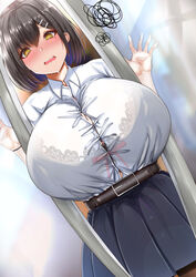 1girls @_@ belt black_hair blush bra_visible_through_clothes breasts_bigger_than_head breasts_stuck_through_door bursting_breasts chomikuplus dawn_(chomikuplus) eyebrows_visible_through_hair female female_only hairclip hand_on_glass huge_breasts lace-trimmed_bra large_breasts open_mouth original pleated_skirt ribbon ribbons shirt short_hair skirt spiral_eyes stuck stuck_in_door visible_underwear white_shirt yellow_eyes