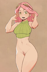 1girls bottomless breasts breasts_out female female_only green_eyes happy_trail litsilium looking_at_viewer looking_back mei_hatsume my_hero_academia no_panties pink_hair pubic_hair pussy smile solo tank_top thighs uncensored