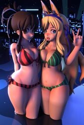 2girls 3d 3d_(artwork) ahe_gao animal_ears asuka_(senran_kagura) background big_breasts bikini black_hair blender_(software) blonde_hair blush breast_squeeze breasts green_bikini katsuragi_(senran_kagura) lewdman2 long_hair marvelous monster_girl panties peace_sign red_bikini senran_kagura senran_kagura_(series) squish squished_breasts striped_bikini tagme tamsoft thick_thighs tongue_out v_sign water wet wet_body