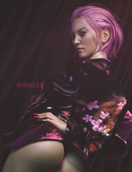 1girls 3d antheia3d artist_name asian asian_female ass blue_eyes dbd dead_by_daylight female female_focus female_only japanese_clothes kimono kimono_lift light-skinned_female looking_at_viewer looking_back pink_hair short_hair solo solo_female solo_focus yui_kimura