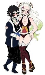 2girls arms_around_partner big_breasts black_hair black_sclera blush daki_(kimetsu_no_yaiba) demon_girl demon_slayer female female_only full_body geta ghostvoid18 kaigaku kimetsu_no_yaiba lime_eyes lingerie multicolored_hair obi oiran okobo rule_63 thick_thighs thighhighs tomboy turquoise_eyes white_background yuri