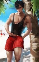 beach black_hair black_tank_top haikyuu!! kuroo_tetsurou lumija male_only necklace red_shorts sunglasses tagme