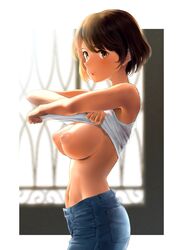 backlighting bangs bare_shoulders belly_button blue_pants blush breasts brown_eyes brown_hair clothes_lift denim female highres jeans large_breasts looking_at_viewer navel nipples original pants parted_lips shirt_lift short_hair solo tank_top wa_(genryusui) white_tank_top