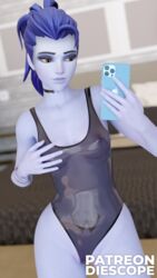 1girls 3d bed bedroom blender blizzard_entertainment breasts detailed_background diescope female female_only grabbing_breasts hi_res latex latex_suit latex_swimsuit looking_at_another necklace overwatch phone photo pose posing purple_hair purple_skin pussy solo solo_female swimsuit tattoo thighs widowmaker yellow_eyes