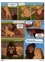 balls barely_visible_balls barely_visible_genitalia comic detailed_background dialogue disney english_text eye_scar facial_scar felid female feral genitals grass hi_res kiara kovu lion looking_at_another male male/female mammal mane outside pantherine paw_on_head paw_on_muzzle paws plant pussy radixpanther reallynxgirl scar sky speech_bubble text the_lion_king whiskers yellow_eyes