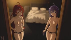 2girls bed bedroom blue_eyes blue_hair breasts censored eris_greyrat female_only hand_on_hip hands-free keihh lingerie looking_at_viewer mosaic_censoring multiple_girls mushoku_tensei nipples open_chest petite pussy red_eyes red_hair roxy_migurdia small_body small_breasts smile smiling