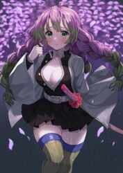 amanoyui bangs big_breasts blush braided_hair cleavage demon_slayer female female_only green_eyes haori kanroji_mitsuri katana kimetsu_no_yaiba long_hair long_sleeves looking_at_viewer miniskirt mole_under_eye no_bra open_shirt pink_hair pleated_skirt revealing_clothes smile solo sword thighhighs two_tone_hair uniform wide_hips wisteria_(flower) zettai_ryouiki