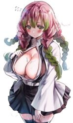 areola_slip bangs big_breasts blush braided_hair cleavage clothing cum_on_breasts demon_slayer female female_only green_eyes haori kanroji_mitsuri kimetsu_no_yaiba long_hair looking_at_viewer mole_under_eye no_bra pink_hair pleated_skirt revealing_clothes sak_(lemondisk) solo sweat thighhighs two_tone_hair unicorn_horn uniform