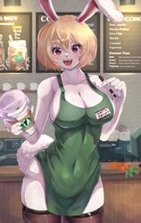 apron barista blonde_hair bunny_ears bunny_tail carrot_(one_piece) casual female female_only furry happy iced_latte_with_breast_milk klopsiak large_breasts meme naked_apron one_piece outerwear rabbit_ears rabbit_girl rabbit_tail short_hair starbucks thighhighs