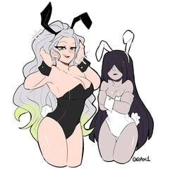 2girls bbeetleko big_breasts black_hair blinding_bangs bunny_ears bunny_tail bunnysuit cleavage crossed_arms daki_(kimetsu_no_yaiba) demon_girl demon_slayer female female_only gradient_hair grey_skin hair_over_eyes hime_cut kimetsu_no_yaiba licking_lips long_hair looking_at_viewer nakime silver_hair wavy_hair wrist_cuffs