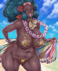 1girls afro bare_shoulders beach bikini blue_hair clothing cloud curvaceous curves curvy_body curvy_female curvy_figure dark-skinned_female dark_skin feet_out_of_frame female female_only female_solo flower flower_on_head hand_on_hip hi_res lenora_(pokemon) looking_at_viewer mature mature_female milf momofuki_rio nintendo ocean outdoors plump pokemon pokemon_bw sand sky smile solo standing sweat swimsuit voluptuous wide_hips