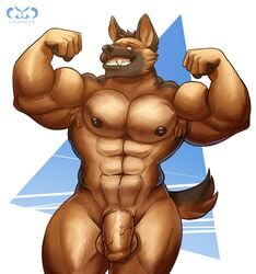 2020 5_fingers anthro armpit_hair balls barazoku big_muscles big_penis black_nipples black_nose blue_eyes body_hair brown_body brown_fur brown_penis canid canine canis carnejo domestic_dog fingers flaccid flexing fur genitals german_shepherd grin herding_dog hi_res humanoid_genitalia humanoid_hands humanoid_penis looking_at_viewer male mammal muscular muscular_anthro muscular_male nipples nude pastoral_dog penis smile solo solo_male standing vein veiny_penis