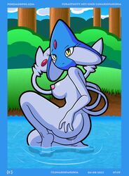 2021 2_tails absurd_res ass azelf big_breasts bodily_fluids breasts digital_media_(artwork) feet female genital_fluids genitals hi_res humanoid kneeling legendary_pokémon looking_at_viewer lunaris_parukia multi_tail nintendo nipples nude outside partially_submerged pokémon_(species) pokémorph pokemon pussy pussy_juice solo text url video_games yellow_eyes