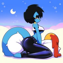 1girls black_hair blue_skin body_markings crop_top leather_pants lizard_girl long_tail pillow pinup red_eyes rikki_(unknownspy) solo solo_female unknownspy unknownspy_(artist) yellow_markings