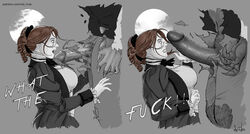 1boy 1boy1girl 1girls artist big_penis breeches brown_hair bursting_clothes candle_(artist) clothed clothed_female clothing erection female full_moon glasses gothic huge_cock huge_penis imminent_sex large_penis lycan male male/female marta_(ludja) nel_rivas original partial_male penis_growth shocked shocked_expression straight surprised surprised_expression tearing_clothes tearing_open_bottoms text torn_pants transformation victorian watermark werewolf