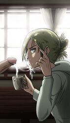 1boy 1girls after_oral annie_leonhardt attack_on_titan blonde_hair blue_eyes clothed coffee cum cum_drip cum_in_container cum_in_mouth cum_on_face female_focus hair_bun hoodie iced_latte_with_breast_milk iced_latte_with_dick_milk long_hair looking_at_viewer looking_away new_epic_artist oral penis shingeki_no_kyojin tagme_(artist) unseen_male_face