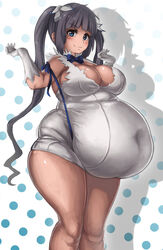 bbw belly_overhang big_belly big_female blush blushing bowtie chubby chubby_female dungeon_ni_deai_wo_motomeru_no_wa_machigatteiru_darou_ka embarrassed fat fat_female fat_fetish fat_girl fat_woman fatty heavy hestia_(danmachi) huge_belly huge_breasts huge_butt kipteitei large_belly large_breasts large_butt large_female long_hair obese obese_female overweight overweight_female pig plump pork_chop thick_thighs tight_clothing tubby twintails weight_gain