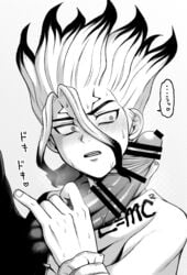 2boys artist_request big_penis blush censor_bar censored censored_penis dr.stone gay gradient_hair holding_penis imminent_oral ishigami_senku japanese_text long_hair manga monochrome open_mouth penis penis_awe sweat sweating tagme white_hair yaoi