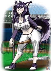 1girls antiherocrashrick background baseball_bat baseball_stadium baseball_uniform belly_button big_breasts breasts cleavage clothed clothing commission female female_only fence footwear glasses kemonomimi lips long_hair long_sleeves looking_at_viewer midriff mitsuki_(hanns33694210) navel original original_character outside pale-skinned_female pale_skin pants purple_ears purple_eyes purple_footwear purple_hair purple_shoes purple_sleeves purple_stripes purple_tail shirt shoes sky sleeves smile solo solo_female standing stomach striped_shirt stripes thighs watermark white_pants white_shirt wink wolf_ears wolf_girl wolf_tail