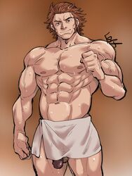 1boy 41raco abs bara brown_hair deliford feet_out_of_frame granblue_fantasy highres kirupi large_pectorals long_sideburns looking_at_viewer male male_focus male_only mature_male muscular muscular_male naked_towel navel nipples official_alternate_costume pectorals penis penis_peek sauna short_hair sideburns smile solo standing stomach sweat thighs topless_male towel towel_around_waist wet