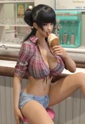 1girls 3d big_breasts dead_or_alive ice_cream licking nyotengu short_jeans tagme talidesade