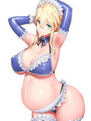 alternate_version_available apron armpits arms_up artoria_pendragon artoria_pendragon_(lancer) big_breasts bikini blonde_hair cleavage elbow_gloves fate_(series) female female_only frilled_bikini frilled_legwear frilled_skirt frills gloves green_eyes hair_between_eyes kageshio_(276006) looking_at_viewer maid_headdress nipple_bulge pregnant sidelocks solo swimsuit thick_thighs thighhighs underboob wide_hips