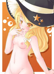 akihara_nakuru blonde_hair breasts clothing cum cum_in_mouth female hat headwear long_hair marisa_kirisame nipples nude semen small_breasts solo touhou witch_hat yellow_eyes