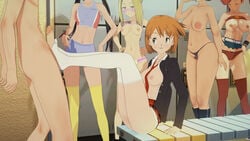 16:9 1boy 5girls belly belly_button black_panties blonde_hair breasts crowd facepaint feet feet_on_balls feet_on_penis feet_on_testicles female female_pubic_hair foot_fetish footjob footjob_with_legwear green_eyes happy indoors kasumi_(pokemon) kneesocks large_breasts light-skinned_female light-skinned_male light_skin locker_room long_hair looking_at_penis male medium_breasts medium_hair multiple_girls open_eyes panties_aside penis penis_tip pokemon pubic_hair red_hair red_panties red_skirt red_stockings red_tie shoes sitting skirt_lift socks sportswear standing stockings tie video_games white_socks