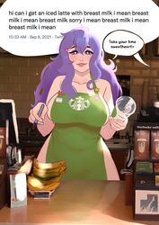 1girls breasts buttons camilla_(fire_emblem) english_text female_only fire_emblem fire_emblem_fates holding_glass iced_latte_with_breast_milk large_breasts long_hair looking_at_viewer meme philiatrix purple_hair sideboob smile smiling_at_viewer solo starbucks starbucks_barista text