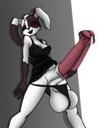 1futa 4n0nym0u5 against_wall animal_genitalia anthro balls balls_outline big_penis black_dress black_panties bodily_fluids bottomless breasts bunny_ears closed_eyes clothed clothing dickgirl dress dress_lift erect_penis erection erection_under_clothes five_nights_at_freddy's five_nights_at_freddy's:_security_breach furry futa_only futanari horny huge_balls huge_cock panties panties_around_leg panties_down partially_clothed penis penis_out penis_under_clothes precum rabbit self_upload smiling solo spread_legs standing transparent_background vanny vanny_(fnaf) white_body