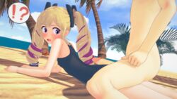 !? 1boy 1girls 3d ass beach blonde_hair buttjob elise_(fire_emblem) elise_(summer)_(fire_emblem) female fire_emblem fire_emblem_fates fire_emblem_heroes jollyoldsoldier koikatsu light-skinned_female light-skinned_male light_skin nintendo ocean one-piece_swimsuit penis purple_eyes ribbons sand small_breasts surprised swimsuit uncensored water