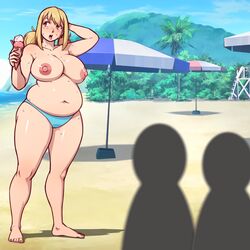 1girls arms_behind_back arms_up bare_arms bare_breasts bare_legs bare_shoulders bare_thighs barefoot beach belly better_with_salt big_breasts bikini bikini_bottom blonde_hair breasts chubby cloud fairy_tail fat female full_body hands_behind_head ice_cream large_breasts lucy_heartfilia nipples open_mouth outdoors plump public_nudity sand short_hair sky standing stomach sweat third-party_edit tied_hair tongue tongue_out topless twintails white_bikini white_bikini_bottom yellow_eyes