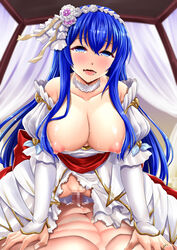 1girls alternate_costume bare_shoulders blue_eyes blue_hair breasts breasts_out bride caeda_(bridal)_(fire_emblem) caeda_(fire_emblem) censored collarbone crying crying_with_eyes_open female_focus fire_emblem fire_emblem:_mystery_of_the_emblem fire_emblem:_shadow_dragon_and_the_blade_of_light fire_emblem_heroes large_breasts long_hair looking_at_viewer muscular_male nipples off_shoulder official_alternate_costume open_mouth pov smile solo_focus straddling sweat torn_clothes tsubakiyama_parry vaginal_penetration wedding_dress