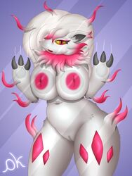 3:4 absurd_res anthro big_breasts big_nipples breast_squish breasts claws demonkussh female front_view genitals glass hi_res hisuian_zoroark inverted_nipples looking_at_viewer nintendo nipples no_humans nude open_mouth peach_pussy pokémon_(species) pokemon pokemon_(species) pokemon_legends:_arceus pokemon_only pussy solo squish standing zoroark