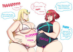 2girls bikini burp burping fatpandabutt food huge_ass huge_belly huge_breasts large_ass large_belly large_breasts multiple_girls mythra nintendo overweight pyra stuffing thick_thighs tight_clothing weight_gain xenoblade_(series) xenoblade_chronicles_2