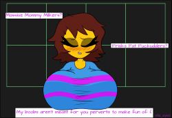 1girls 2d aged_up big_breasts blush brown_hair closed_eyes female female_only frisk huge_breasts human human_female human_only massive_breasts solo undertale undertale_(series) vile_eyes yellow_skin