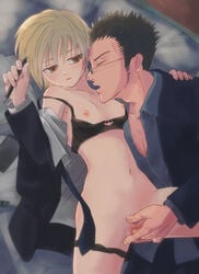 1girls black_lingerie blonde_hair breasts female female_kurapika finger_fuck fingering genderswap_(mtf) holding_object human hunter hunter_x_hunter kurapika leorio_paladiknight light-skinned_female light_skin pussy pussy_juice rule_63 short_hair shounen_jump wet_pussy